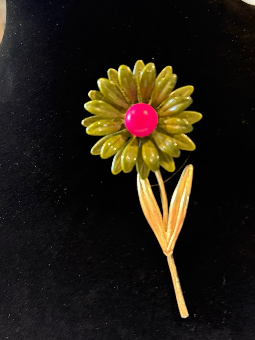 Green Enamel Flower Brooch with Hot Pink Center